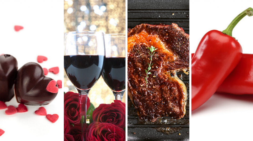 Chocolate, wine, grilled meat and a red pepper