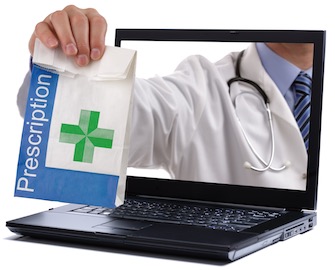 Doctor reaching through computer to deliver prescription